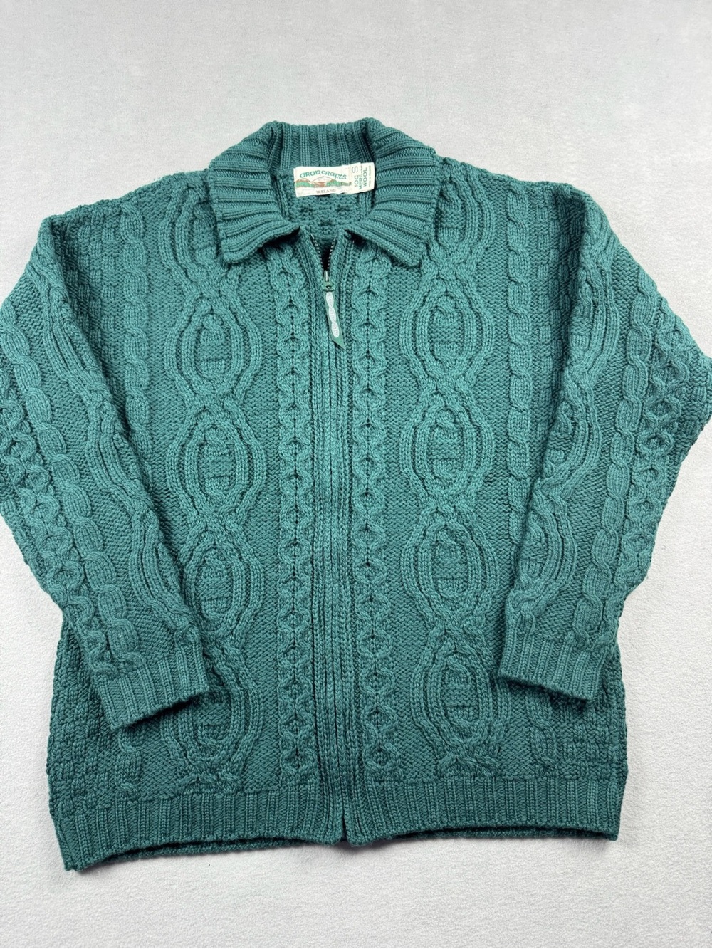Aran Crafts Ireland Womens XS Merino Wool Cable Knit Zip Celtic Sweater Green